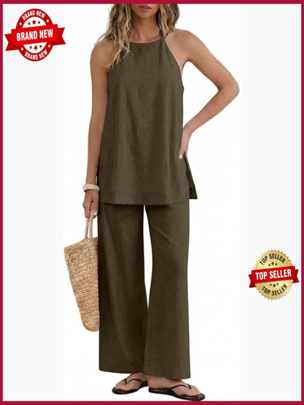 2 Piece Linen Outfit Halter Top Wide Leg Pants Set Sleeveless Side Split